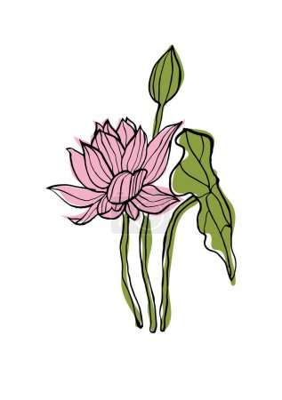 Téléchargez les illustrations : Illustration vectorielle - croquis coloré avec des fleurs de lotus. Art pour gravures, art mural, bannière, fond - en licence libre de droit