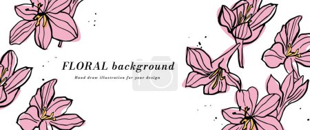 Illustration for Vector background or banner with pink magnolia flowers and typography template. Web wallpaper. Linear floral art with botanical illustration - Royalty Free Image