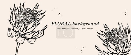 Illustration for Vector background or banner with protea flowers and typography template. Web wallpaper. Linear floral art with botanical illustration - Royalty Free Image
