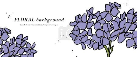 Téléchargez les illustrations : Fond vectoriel ou bannière avec fleurs d'hortensia violettes et gabarit typographique. Papier peint. Art floral linéaire avec illustration botanique - en licence libre de droit