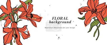 Illustration for Vector background or banner with red lily flowers and typography template. Web wallpaper. Linear floral art with botanical illustration - Royalty Free Image