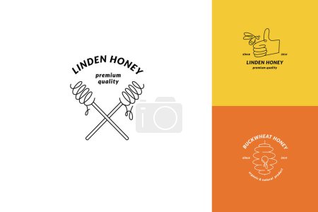 Ilustración de Logotipos de ilustración de conjuntos vectoriales y plantillas o insignias de diseño. Etiquetas y etiquetas de miel ecológica y ecológica con abejas. Estilo lineal - Imagen libre de derechos
