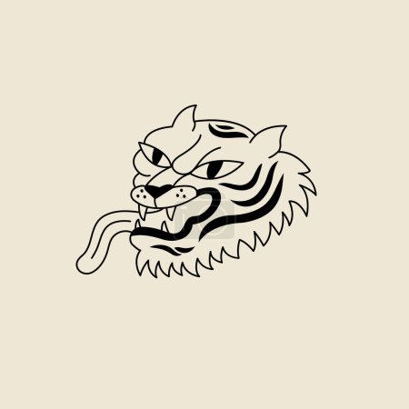 Ilustración de Línea vectorial ilustración cabeza de tigre. Personaje animal de dibujos animados. Ideal para imprimir - Imagen libre de derechos