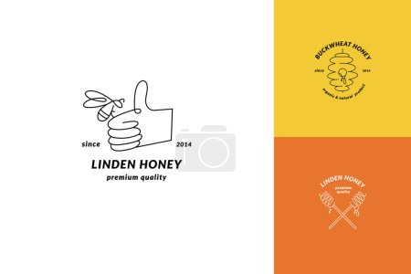 Illustration for Vector set illustration logos and design templates or badges. Organic and eco honey labels and tags with bees. Linear style - Royalty Free Image