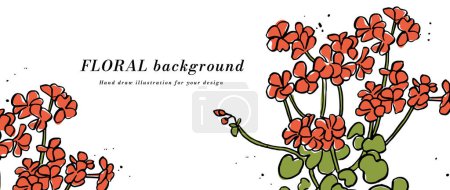 Illustration for Vector background or banner with red geranium flowers and typography template. Web wallpaper. Linear floral art with botanical illustration - Royalty Free Image