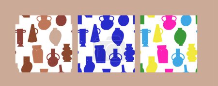 Illustration for Vector set seamless patterns with clay vases with different shapes and forms. Dark blue colored geometric pottery. Hand made ceramics - Royalty Free Image