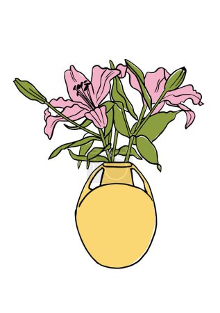 Téléchargez les illustrations : Illustration vectorielle - croquis coloré avec fleurs de lys avec vase. Art pour gravures, art mural, bannière, fond - en licence libre de droit