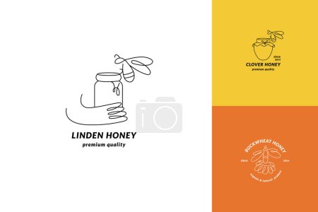 Vector set illustration logos and design templates or badges. Organic and eco honey labels and tags with bees. Linear style