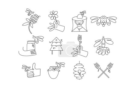 Illustration for Vector design templates badges. Organic and eco honey labels and tags with bees. Linear style - Royalty Free Image