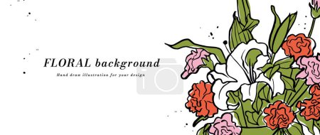 Illustration for Vector background or banner with white lily flowers and typography template. Web wallpaper. Linear floral art with botanical illustration - Royalty Free Image