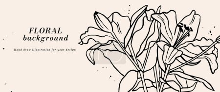 Illustration for Vector background or banner with ink sketch lily flowers and typography template. Web wallpaper. Linear floral art with botanical illustration - Royalty Free Image
