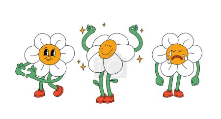 Vektor-Illustrationsset mit Gänseblümchen-Blumen im Retro-Stil mit unterschiedlichen Emotionen. Toller Aufkleber mit Pflanzen für Print oder Social Media