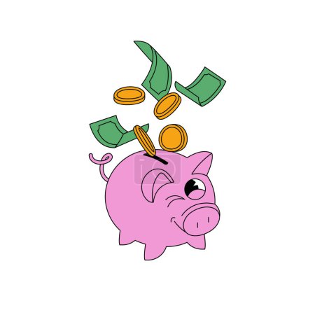 Illustration for Vector illustration character pink money piggy bank with gold coins and green paper dollars. Smart smart investments concept - Royalty Free Image