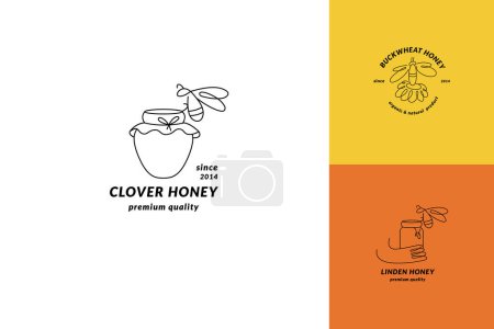 Illustration for Vector set illustration logos and design templates or badges. Organic and eco honey labels and tags with bees. Linear style - Royalty Free Image