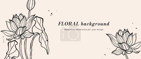 Illustration for Vector background or banner with ink sketch lotus flowers and typography template. Web wallpaper. Linear floral art with botanical illustration - Royalty Free Image