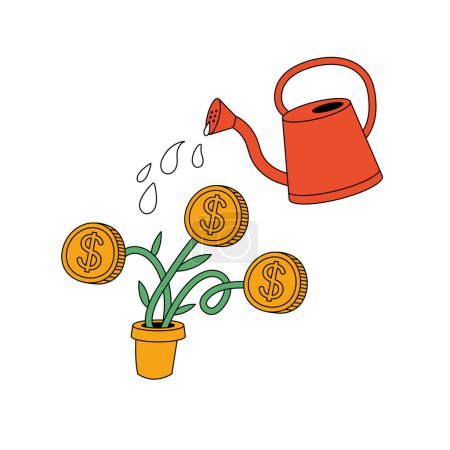 Téléchargez les illustrations : Illustration de dessin animé avec arbre à argent ou petite plante verte en pot avec des pièces d'or et main avec de l'eau peut arroser la plante. Concept d'investissements intelligents - en licence libre de droit