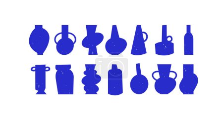 Téléchargez les illustrations : Ensemble vectoriel vases en argile avec différentes formes et formes. Poterie géométrique de couleur bleu foncé. Céramique artisanale - en licence libre de droit