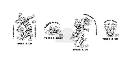 Téléchargez les illustrations : Ensemble vectoriel logos linéaires avec tigre ambulant et tête d'illustration de tigre. Modèle signe et symbole - en licence libre de droit