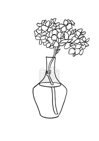 Téléchargez les illustrations : Illustration vectorielle - croquis à l'encre avec des fleurs d'hortensia dans un vase. Art pour gravures, art mural, bannière, fond - en licence libre de droit