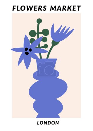 Ilustración de Cartel botánico colorido de ilustración vectorial con flores azules y jarrón azul. Arte funky groovy ingenuo para postales, arte de la pared, bandera, fondo - Imagen libre de derechos