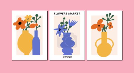 Téléchargez les illustrations : Ensemble d'illustrations vectorielles d'affiches botaniques colorées avec différentes fleurs. Arts funky groovy naïfs pour cartes postales, art mural, bannière, fond - en licence libre de droit
