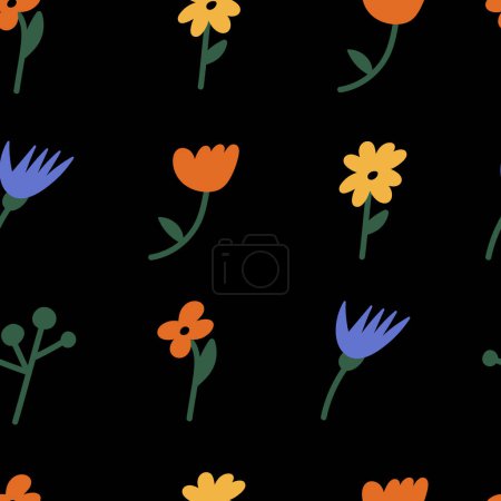 Ilustración de Patrón sin costura floral vectorial. Coloridas flores funky groovy en fondos negros colección para imprimir o redes sociales, arte de la pared, postales - Imagen libre de derechos