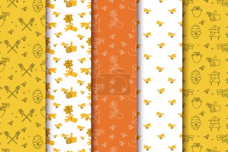 Illustration for Seamless patterns with bees. Pattern for honey package. Linear ornamental background - Royalty Free Image