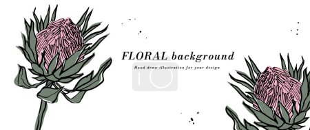 Illustration for Vector background or banner with pink protea flowers and typography template. Web wallpaper. Linear floral art with botanical illustration - Royalty Free Image