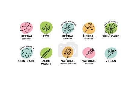 Ilustración de Diseño de plantillas de etiquetas y logotipos de conjuntos lineales vectoriales para productos naturales y cosméticos orgánicos. Esquema de los productos ecológicos - Imagen libre de derechos
