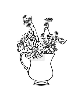 Téléchargez les illustrations : Illustration vectorielle - croquis à l'encre avec marguerite et fleurs de camomille en vase. Art pour gravures, art mural, bannière, fond - en licence libre de droit