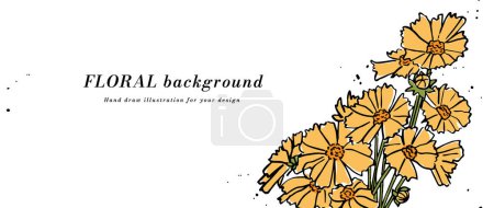 Fondo vectorial o pancarta con flores de coronas amarillas y plantilla de tipografía. Fondo de pantalla web. Arte floral lineal con ilustración botánica