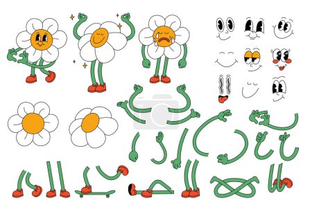 Illustration for Vector set of groovy comic faces vector. Collection of cartoon daisy flowers character faces, leg, hand in different emotions happy, angry, sad, cheerful. Hippie character - Royalty Free Image