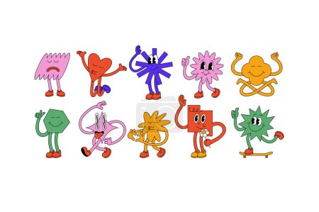 Illustration for Vector illustration set of cartoon geometric shapes characters ?n retro style. Groovy stickers with different emotions for social media - Royalty Free Image