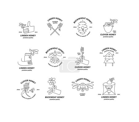 Logotipos de ilustración de conjuntos vectoriales y plantillas o insignias de diseño. Etiquetas y etiquetas de miel ecológica y ecológica con abejas. Estilo lineal