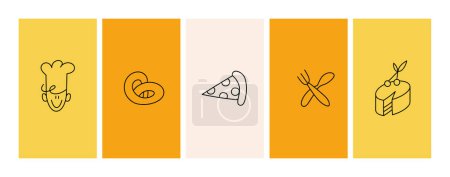 Ilustración de Fondos de plantillas vectoriales o fondos de pantalla para historias de redes sociales, tarjetas, banners con iconos lineales o logotipos para panadería - Imagen libre de derechos
