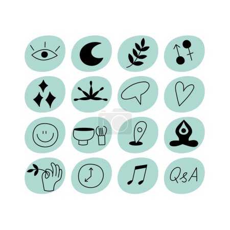 Téléchargez les illustrations : Vector set design coloré modèles icônes et emblèmes pour les professeurs de yoga histoire des médias sociaux mettre en évidence. Différentes icônes blogueuses dans un style linéaire tendance isolé - en licence libre de droit