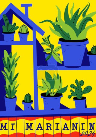 Illustration for Vector illustration botanical poster with different home plants and cactuses. Art for for postcards, wall art, banner, background. Modern naive groovy funky interior decorations - Royalty Free Image