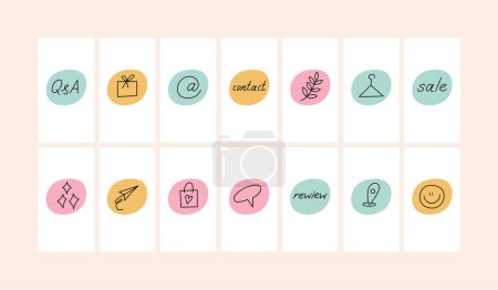 Illustration for Vector set design colorful templates icons and emblems - social media story highlight. Different blogger icons in trendy linear style isolated on white background - Royalty Free Image