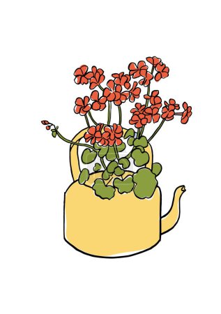Illustration for Vector illustration - colorful red geranium flowers in tea pot. Art for for prints, wall art, banner, background - Royalty Free Image