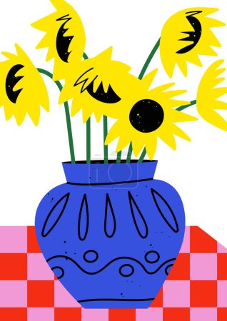 Téléchargez les illustrations : Illustration vectorielle affiche botanique avec tournesols jaunes. Art pour cartes postales, art mural, bannière, fond. Moderne naïf groovy décorations intérieures funky - en licence libre de droit