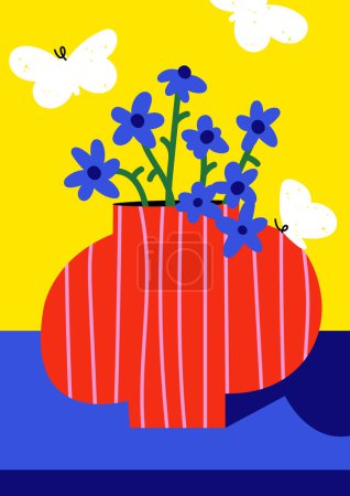 Ilustración de Cartel botánico de ilustración vectorial con diferentes flores de color azul oscuro y mariposas blancas. Arte para postales, arte mural, banner, fondo. Moderno ingenuo groovy decoración de interiores funky - Imagen libre de derechos