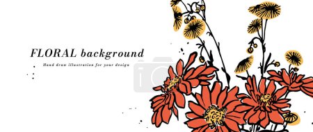 Illustration for Vector background or banner with red daisy flowers and typography template. Web wallpaper. Linear floral art with botanical illustration - Royalty Free Image