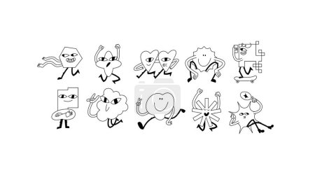 Illustration for Vector illustration set of cartoon geometric shapes characters ?n retro style. Groovy stickers with different emotions for social media - Royalty Free Image
