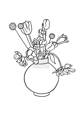 Téléchargez les illustrations : Illustration vectorielle - croquis à l'encre avec fleurs de tulipes avec vase. Art pour gravures, art mural, bannière, fond - en licence libre de droit