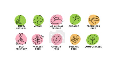 Conjunto de vectores de iconos lineales, logotipos o etiquetas para productos naturales y orgánicos. Esquema de símbolos para alimentos y cosméticos