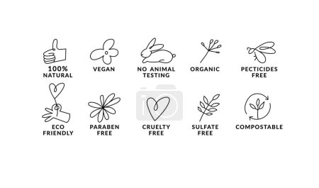 Ilustración de Conjunto de vectores de iconos lineales, logotipos o etiquetas para productos naturales y orgánicos. Esquema de símbolos para alimentos y cosméticos - Imagen libre de derechos