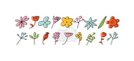 Téléchargez les illustrations : Illustration vectorielle dessin animé fleurs colorées branches. Autocollants groovy pour les médias imprimés ou sociaux - en licence libre de droit