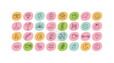 Illustration for Vector set design colorful templates icons and emblems - social media story highlight. Different blogger icons in trendy linear style isolated on white background - Royalty Free Image