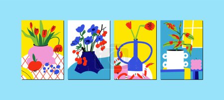 Illustration for Vector illustration set of botanical posters with different flowers. Art for for postcards, wall art, banner, background. Modern naive groovy funky interior decorations - Royalty Free Image