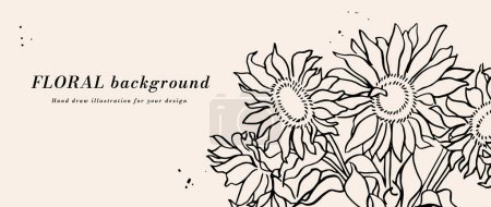 Illustration for Vector background or banner with ink sketch sunflowers and typography template. Web wallpaper. Linear floral art with botanical illustration - Royalty Free Image